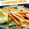 Pinterest graphic with text overlay reading "White bean chili camping meal"