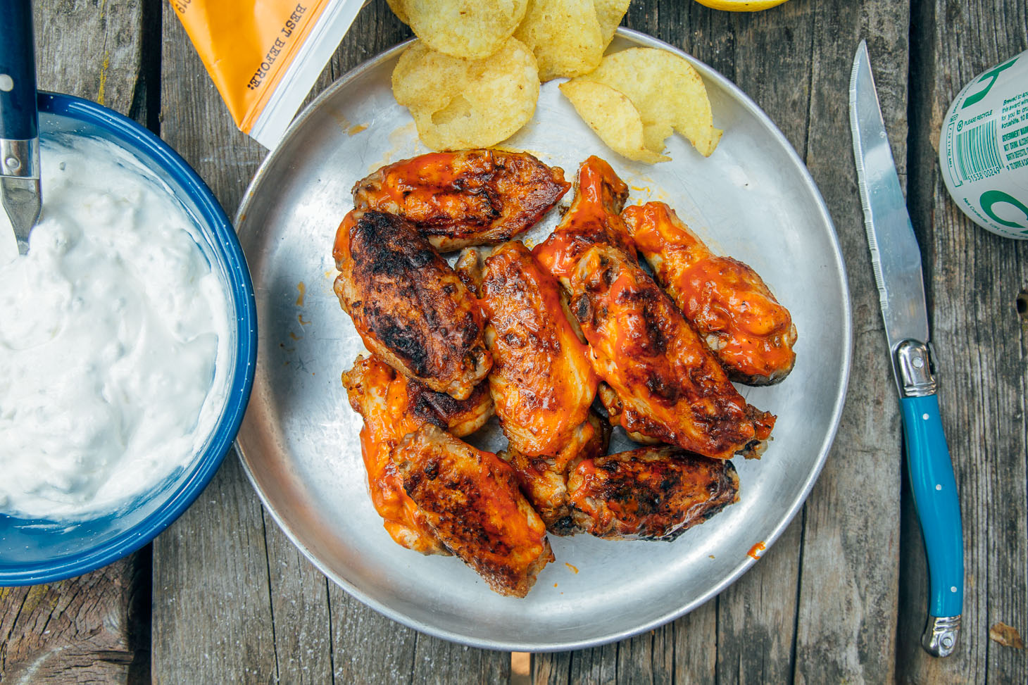 Grilled Buffalo Wings with Honey Blue Cheese Sauce