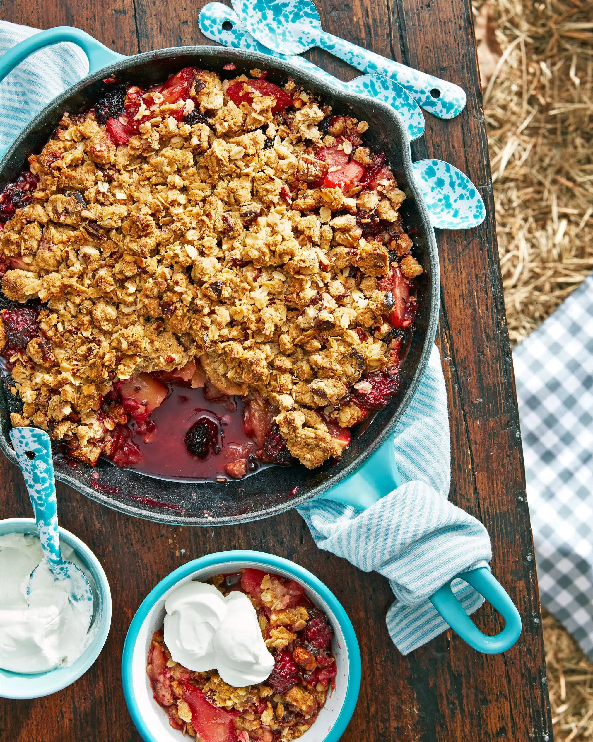 Apple blackberry crumble in a cast iron skillet.