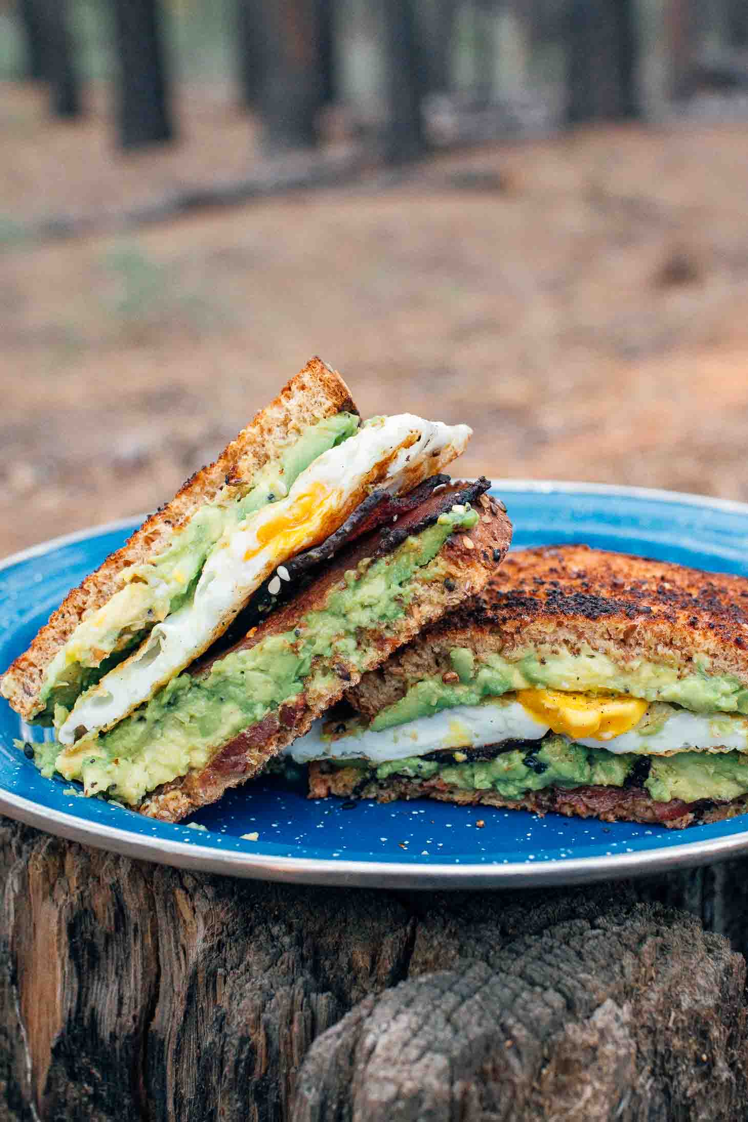 Breakfast sandwich with avocado, egg, and bacon on a blue camping plate placed on a stump