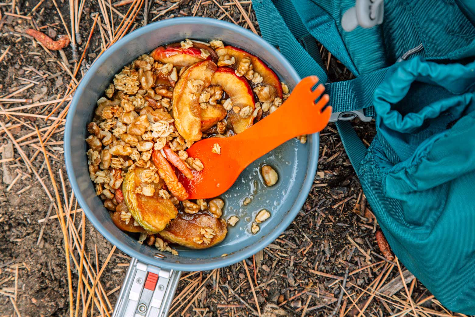 Apple crisp in a backpacking pot