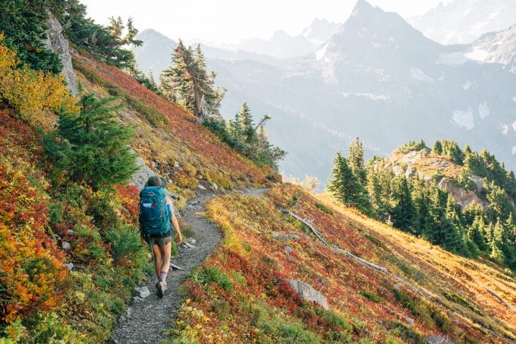 Woman walking on a trail with a backpack. Wildflowers cover the mountainside.