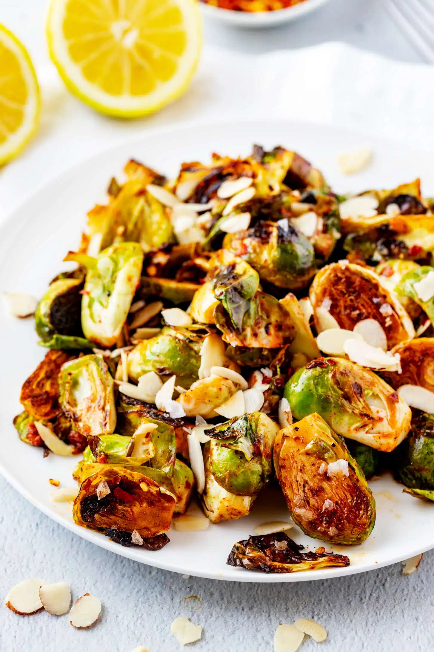 Halved Brussels sprouts on a plate.