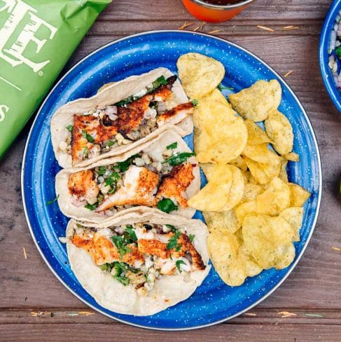 A plate of appetizing grilled chicken tacos garnished with fresh cilantro, paired with a side of crispy potato chips, served on a rustic wooden surface.