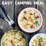 Pinterest graphic with text overlay reading "Cheesy asparagus one pot orzo easy camping meal"