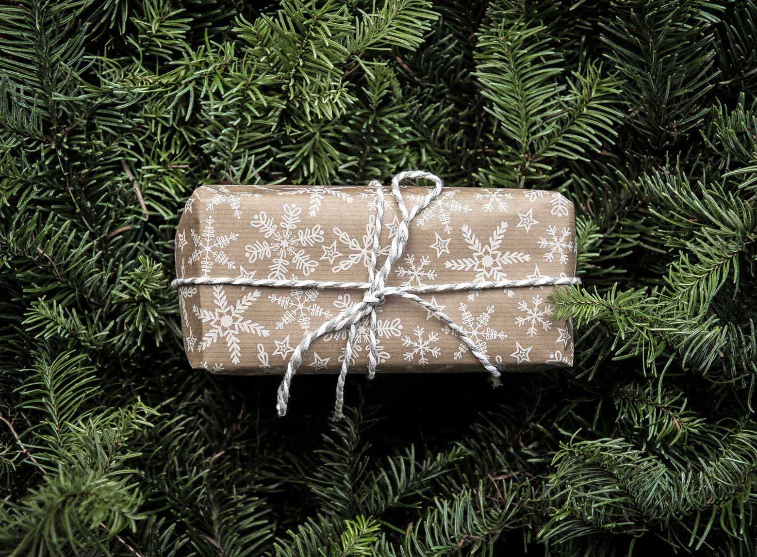 A gift wrapped in brown paper on top of evergreen branches