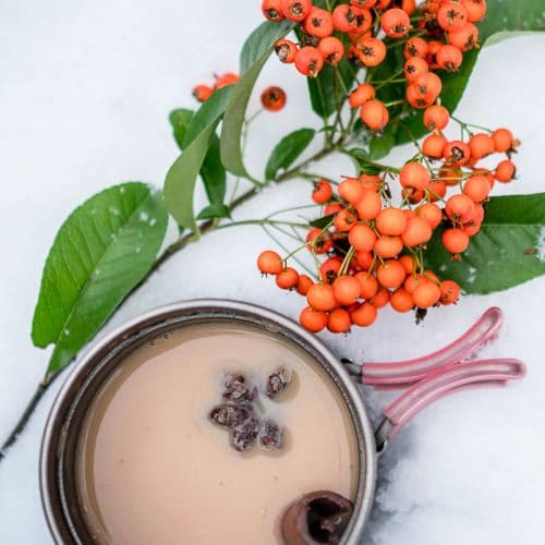 A mug of masala chai on a snowy surface
