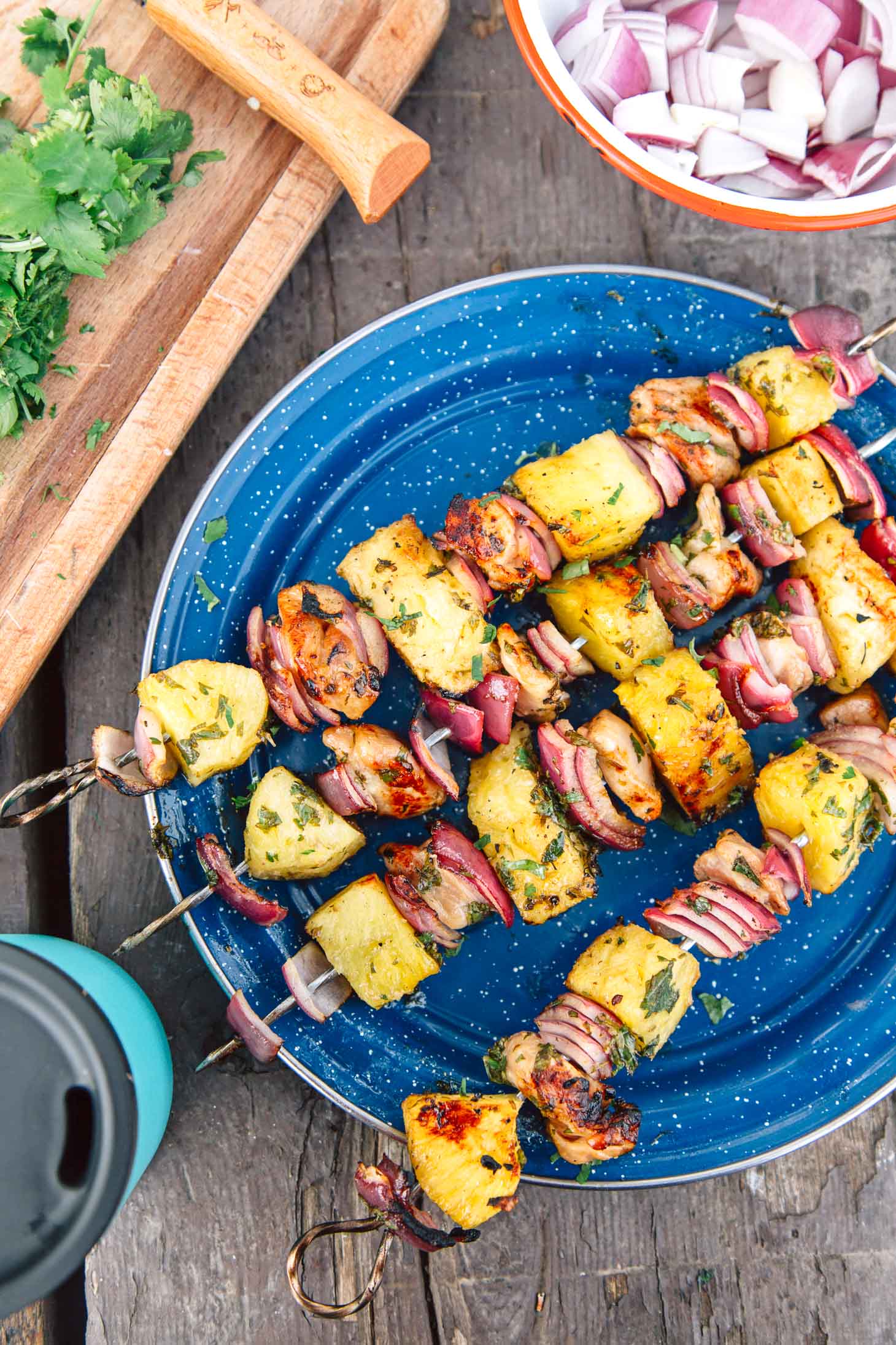 Grilled chicken pineapple kabobs on a blue camping plate