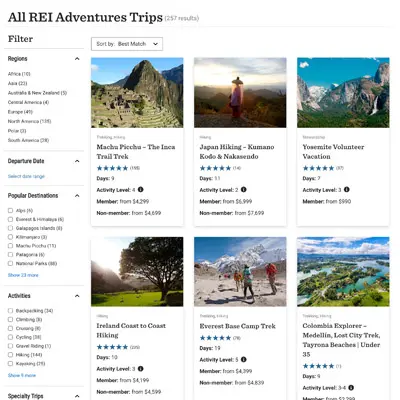 Screenshot of REI Adventures website